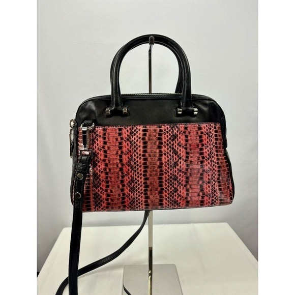 Milly Crossbody Bag Black Pink Coral Reptile Snakeprint Top Handles Pockets - Picture 1 of 13